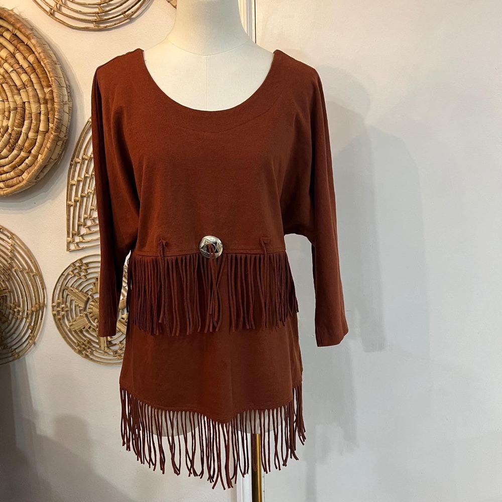 Vintage Western Fringe Tunic Rust Brown Concho Southwestern Boho Top L